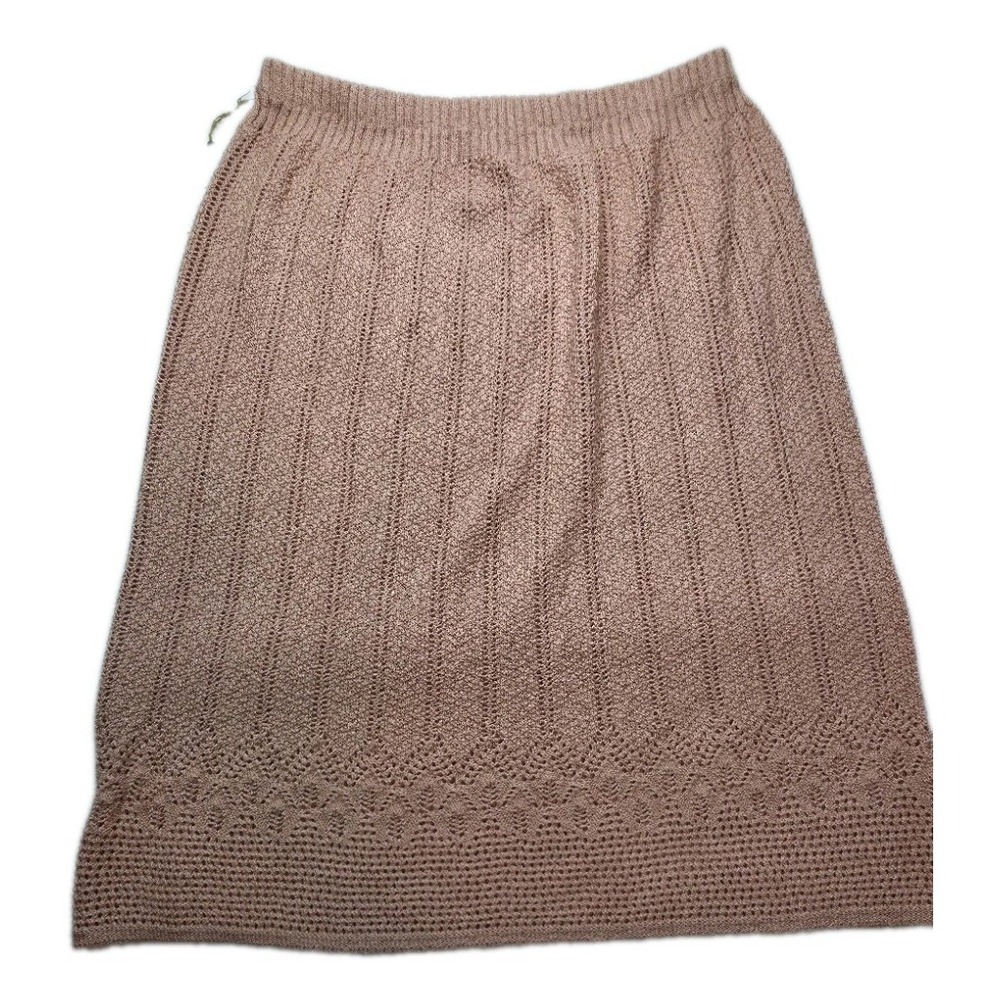 Vintage Crochet Knit Midi Skirt Women's Size L Blush Pink Boho Elastic Waist